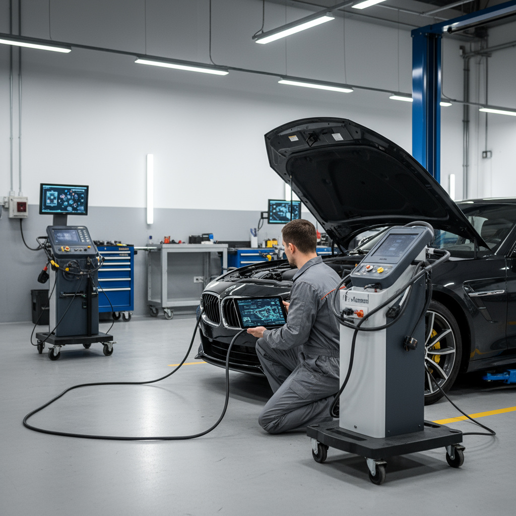 Mechaniker führt eine Fahrzeugdiagnose mit Tablet durch