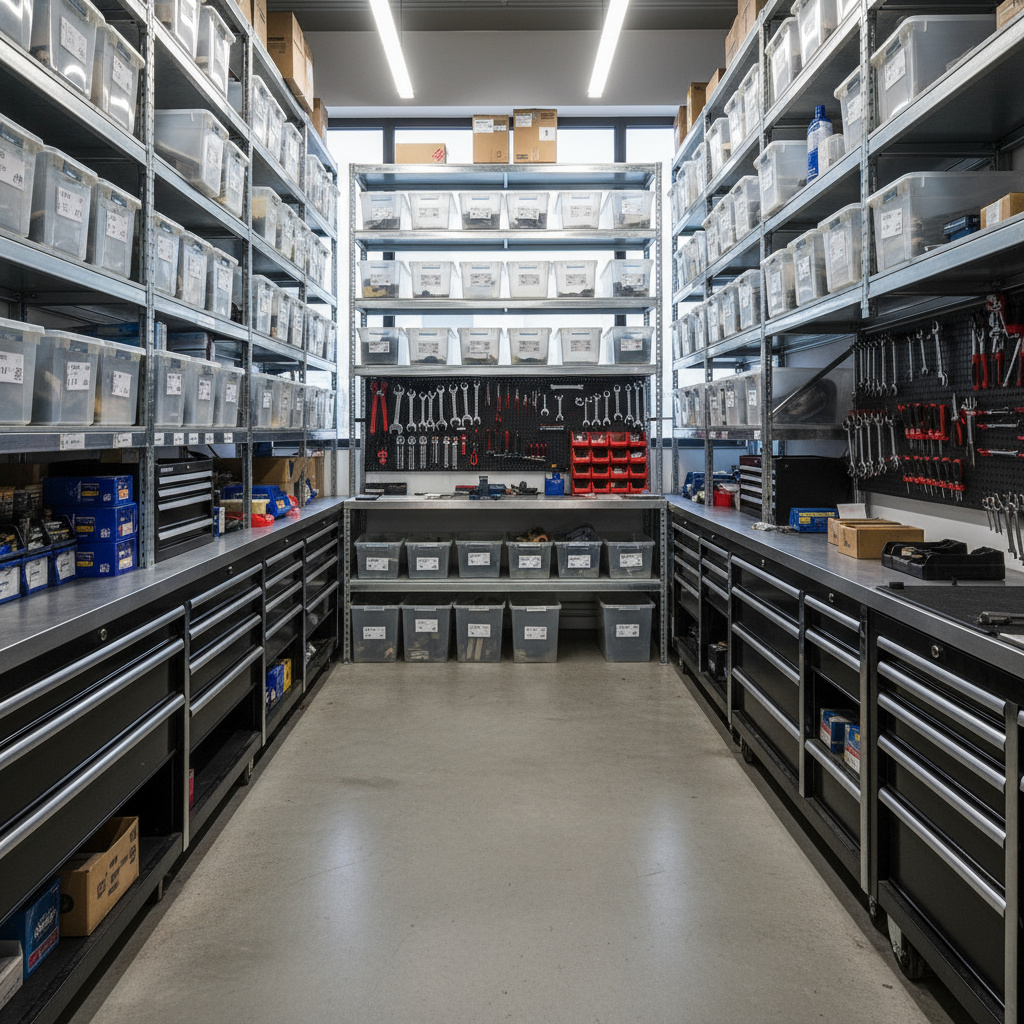Organisierte Ersatzteile und Werkzeuge
