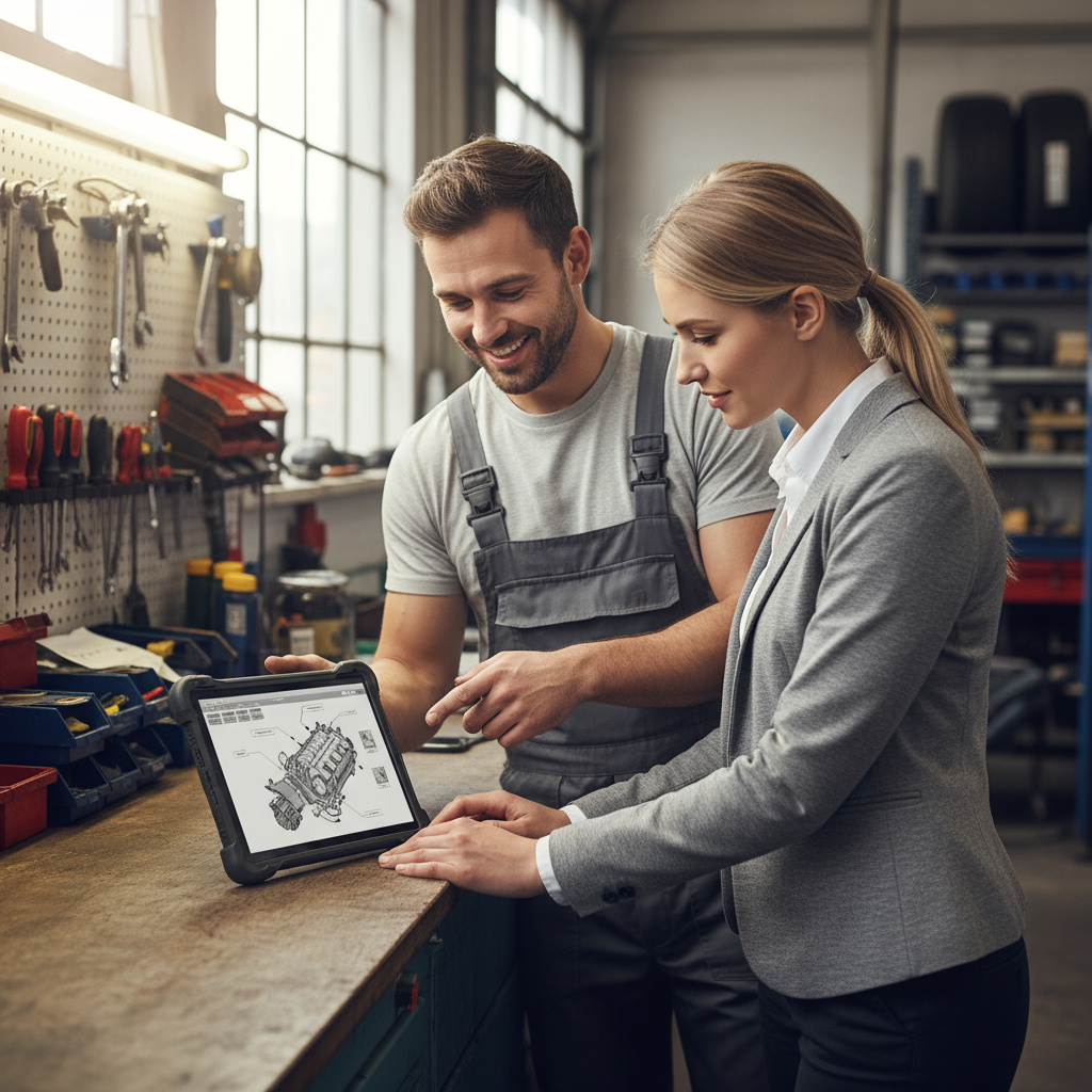 Besprechung von Reparaturdetails mit Kunde